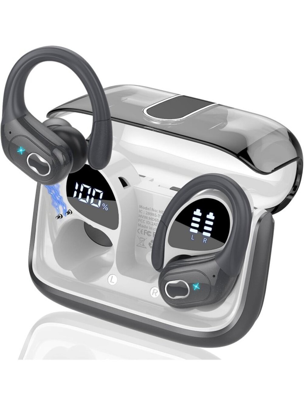 Wireless Iron Grey Earbuds 75hrs Bluetooth Stereo Deep Bass Earhooks ENC Noise